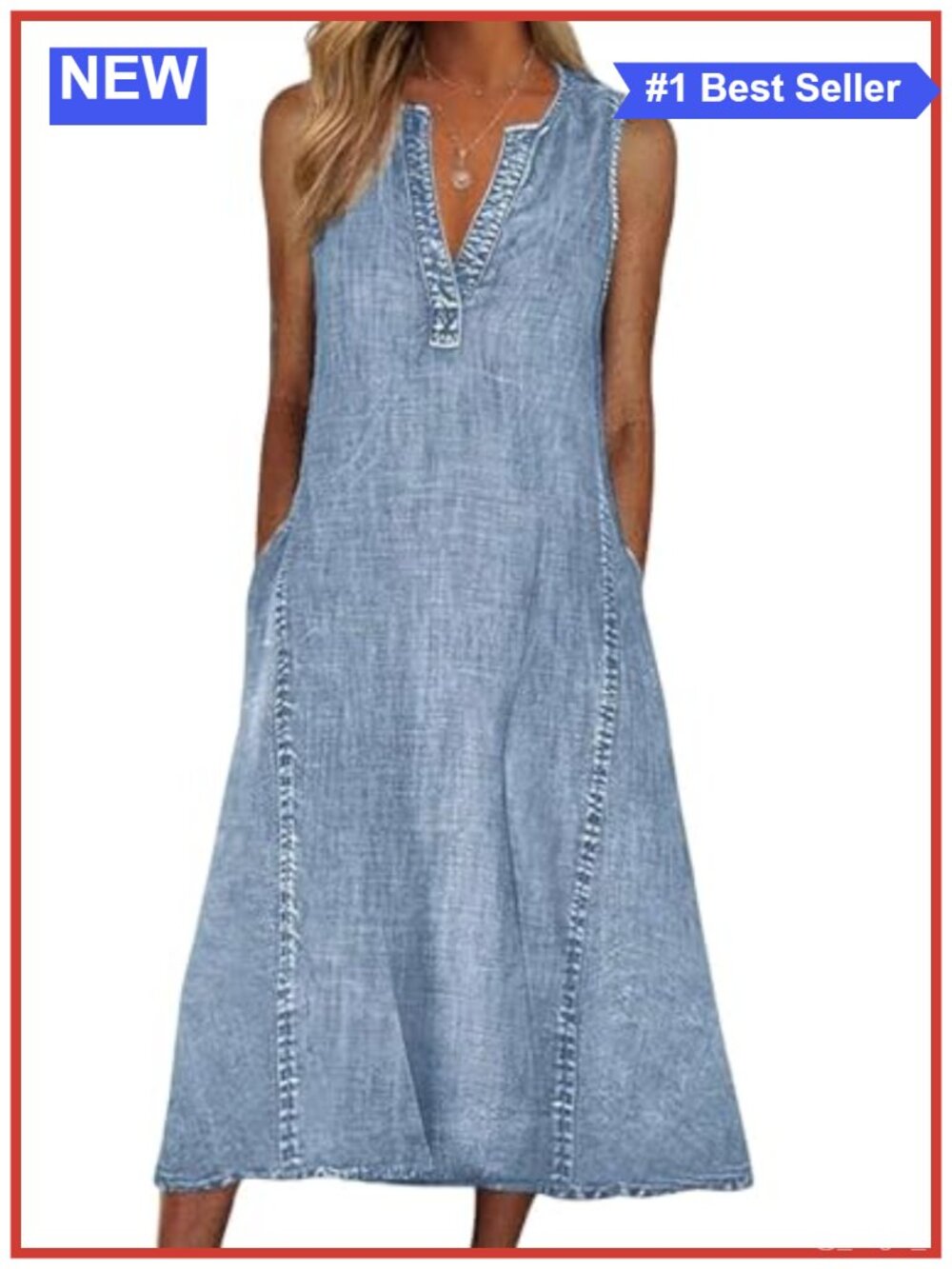 Cotton Blend Sleeveless Denim Midi Dress A-Line Tank Dress